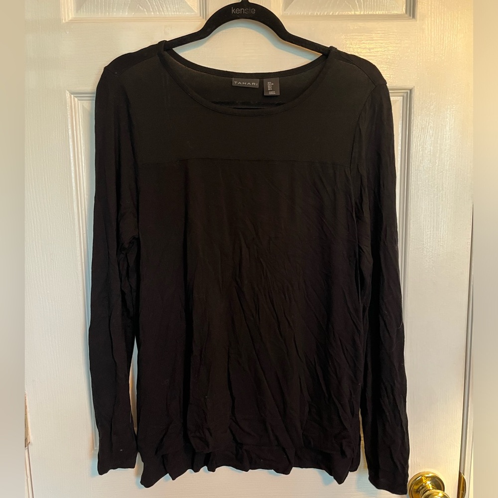 tahari black mesh soft long sleeve top